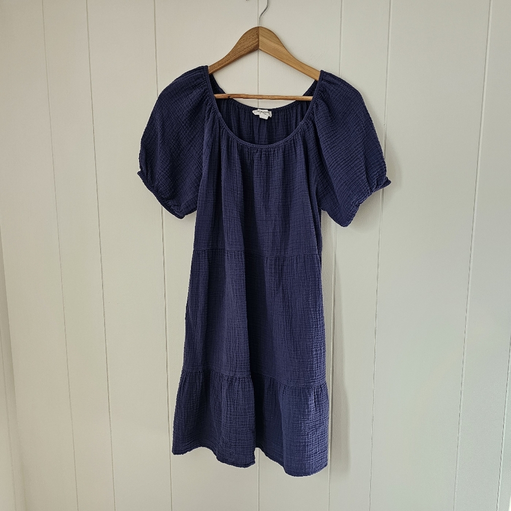 100% COTTON Beach Lunch Lounge Blue Short Sleeve Linen Cotton Casual Dress